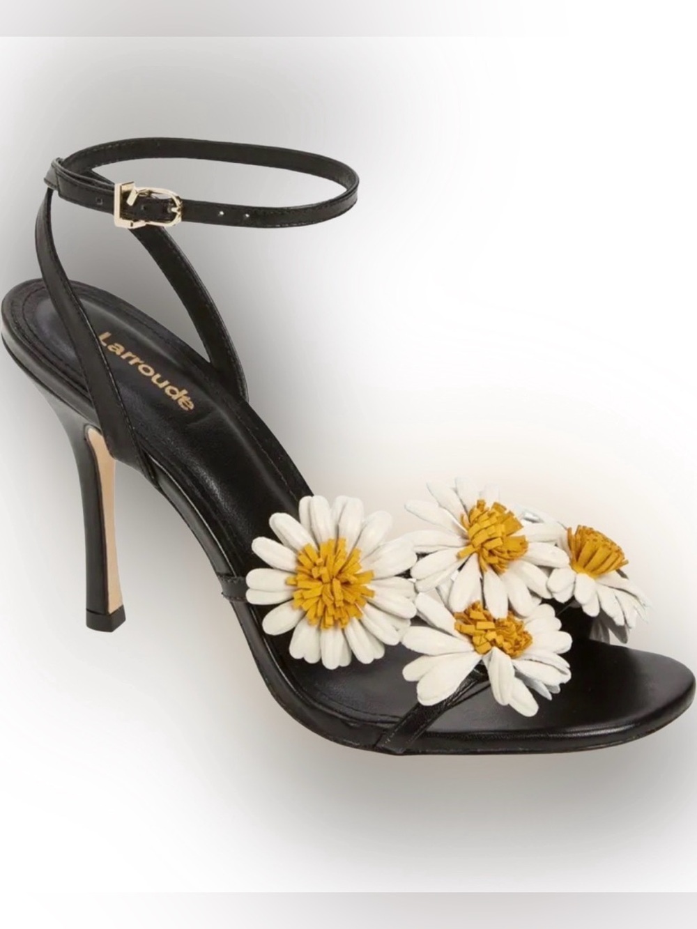 NEW Larroude Fiore Daisy Appliqué ankle strap sandals stiletto heel size 8